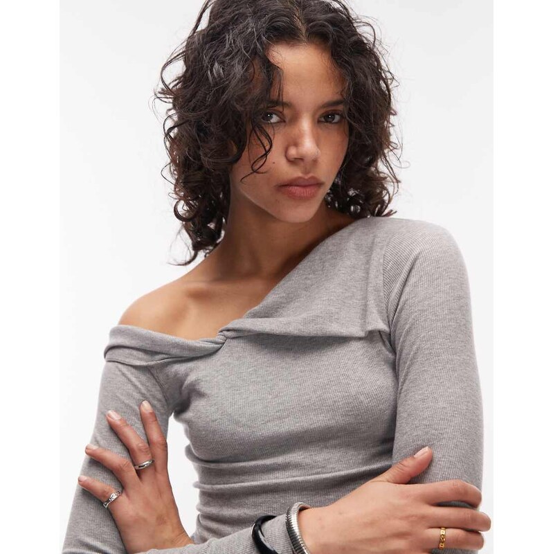 ASOS DESIGN fallen shoulder long sleeve top in grey