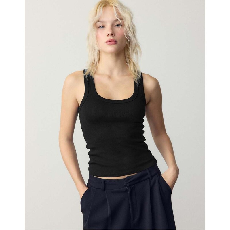 Stradivarius Ribbed racerback t-shirt in black
