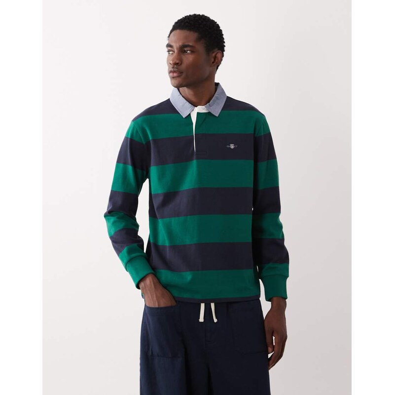 Gant Logo rugby top in green and navy stripe