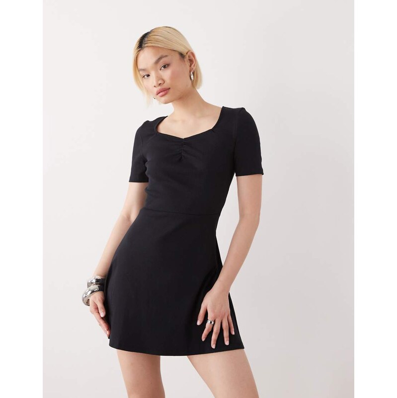 Noisy May ribbed square neck mini skater dress with ruche detail in 112979330