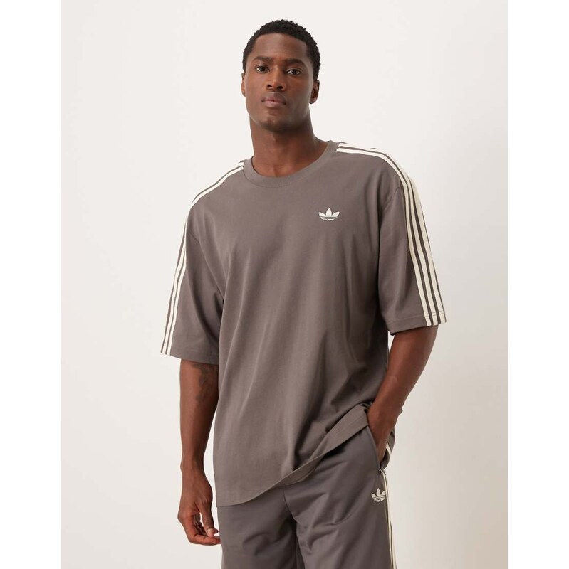 adidas Originals three stripe t-shirt in charcoal and cream