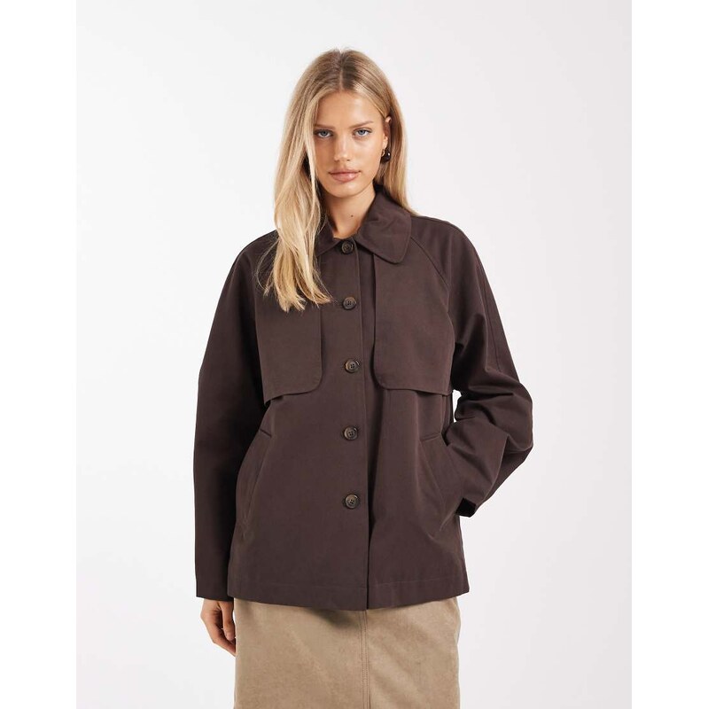 Object premium peter pan collar short trench coat in chocolate