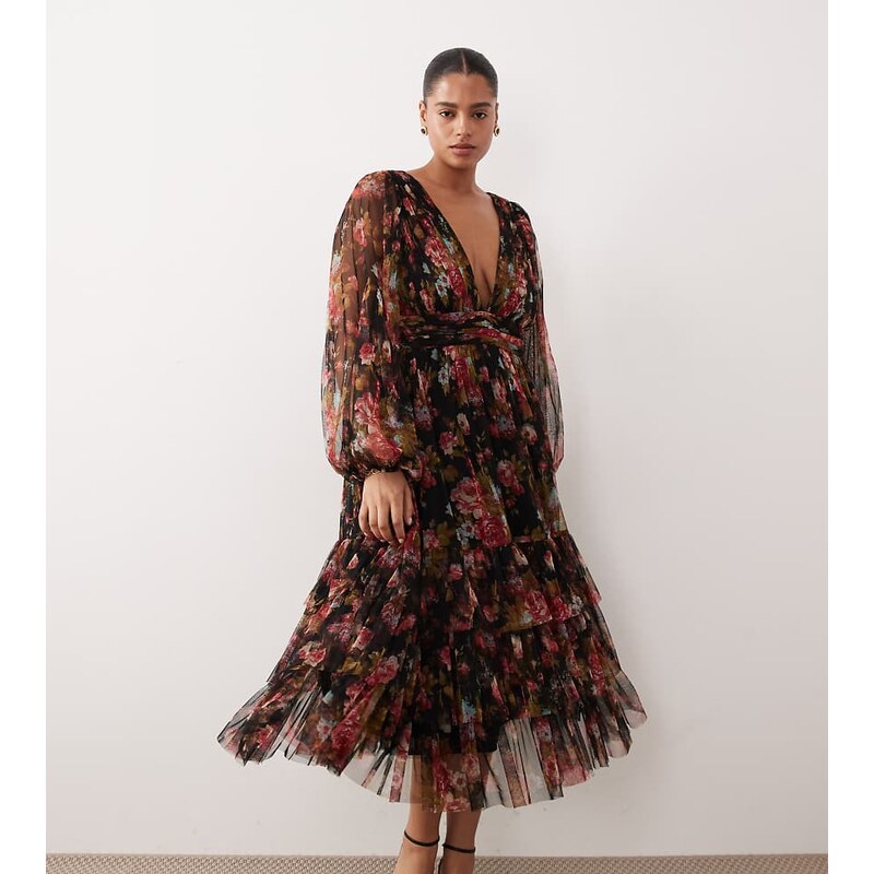 Lace & Beads Plus long sleeve midi dress in black floral print