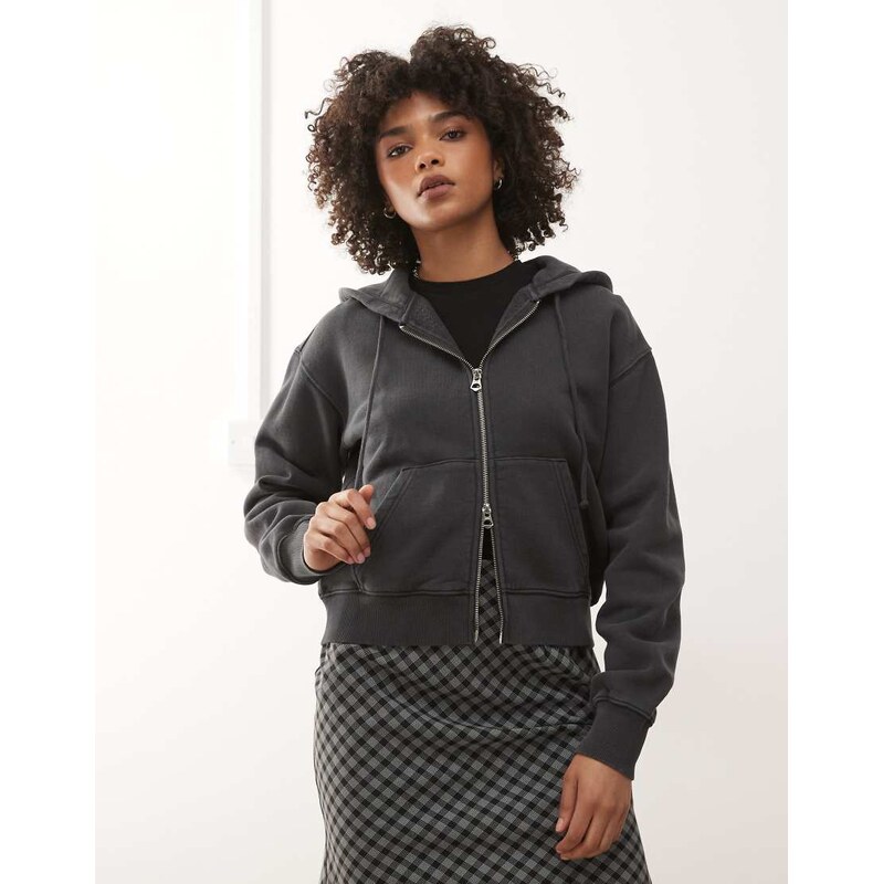 Weekday slim fitted zip through hoodie in washed black