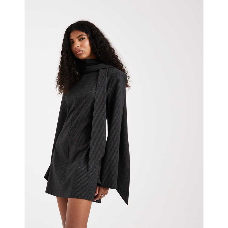 ASOS DESIGN tailored mini dress with scarf detail in grey stripe