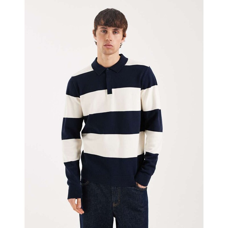 Threadbare knitted rugby polo in navy and ecru stripe