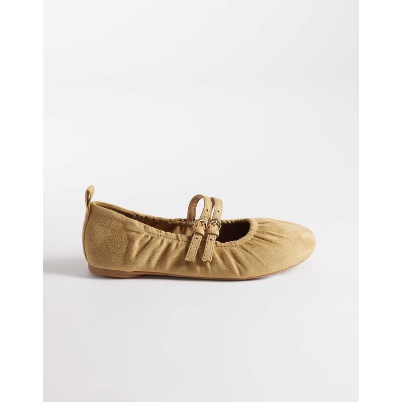London Rebel Mia strappy ruched ballet flats in taupe faux suede - 115516689