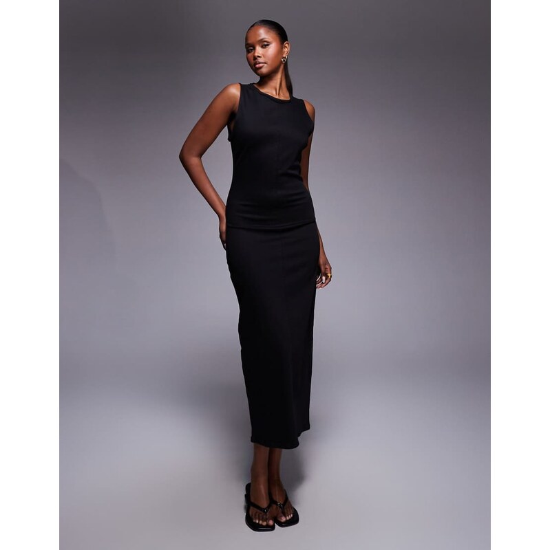 ASOS DESIGN denim bodycon slash neck midi dress in black