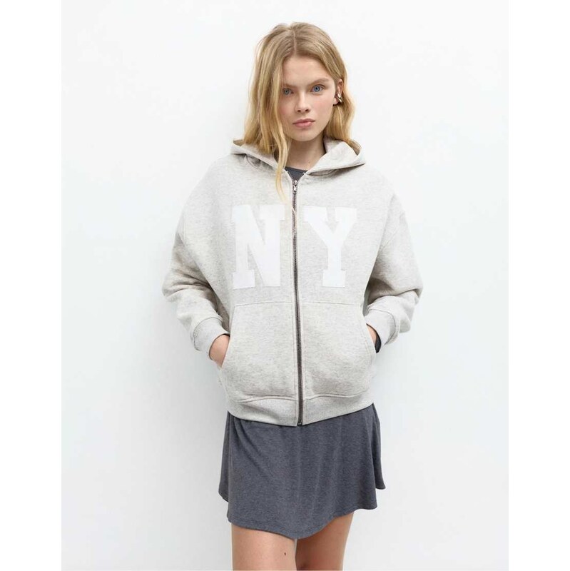 Pull&Bear Graphic zip-up hoodie in grey marl 112993569