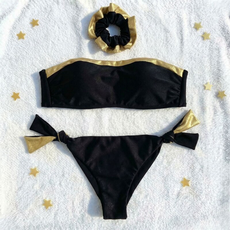 Bikiny komplet - Třídílné černé bardot plavky s bokovky se zlatými 107950147