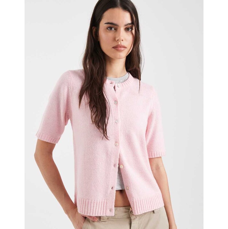 Threadbare short sleeve crew neck cardigan in pale pink