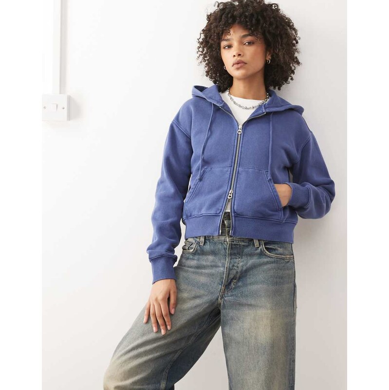 Weekday slim fitted zip through hoodie in dark blue