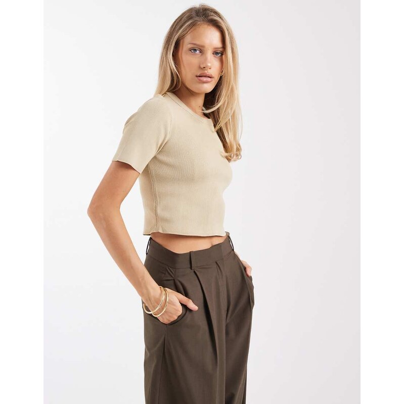 Brave Soul compact knit short sleeve jumper in stone-Neutral 113001087