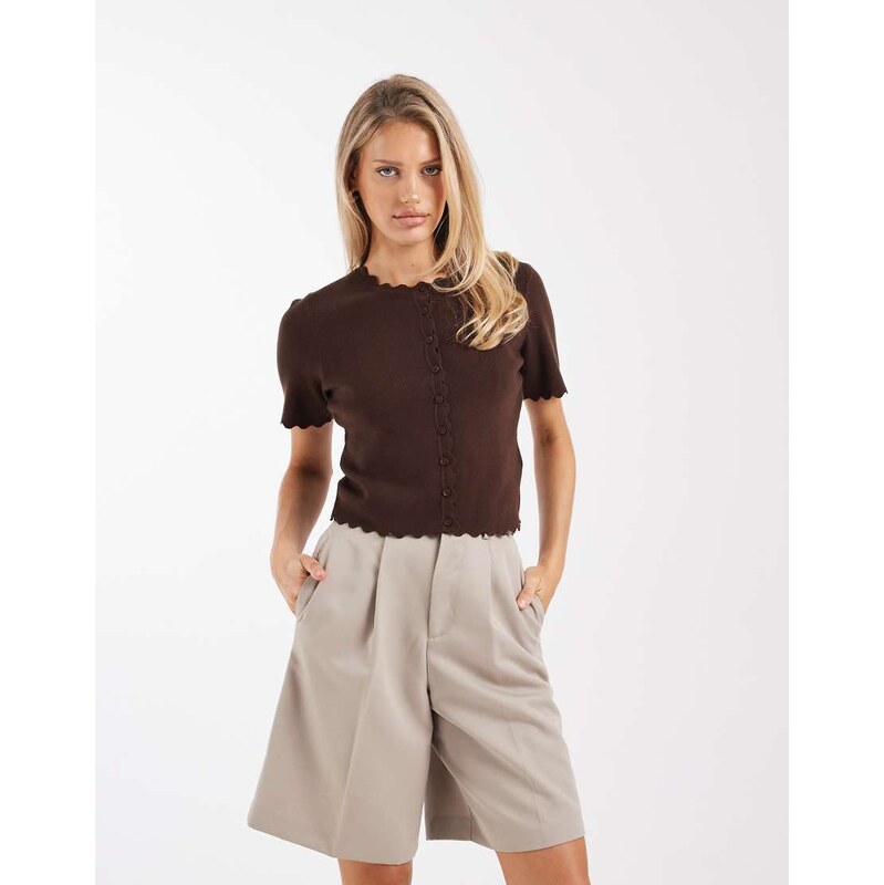 Brave Soul scallop edge short sleeve cardigan in chocolate brown