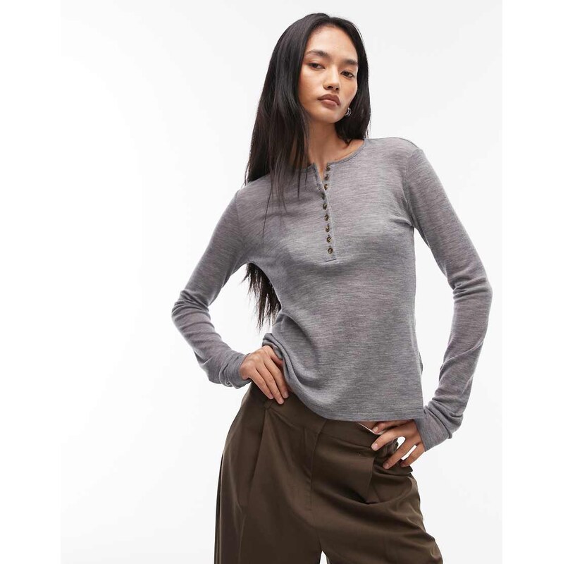 & Other Stories soft knitted henley top in grey melange