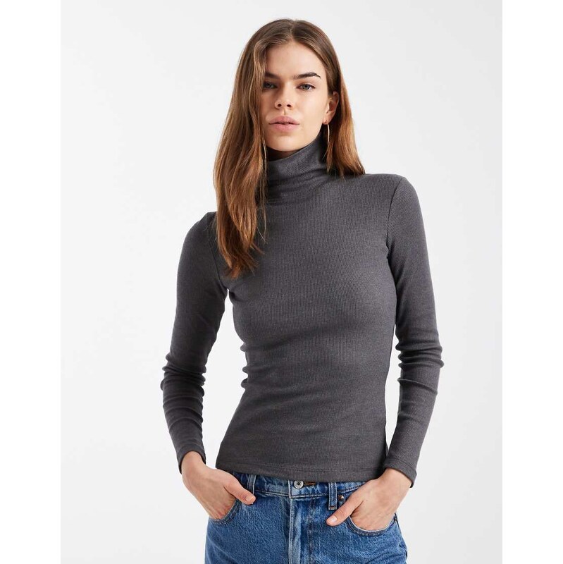 Brave Soul long sleeve ribbed rollneck top in charcoal grey 112997384