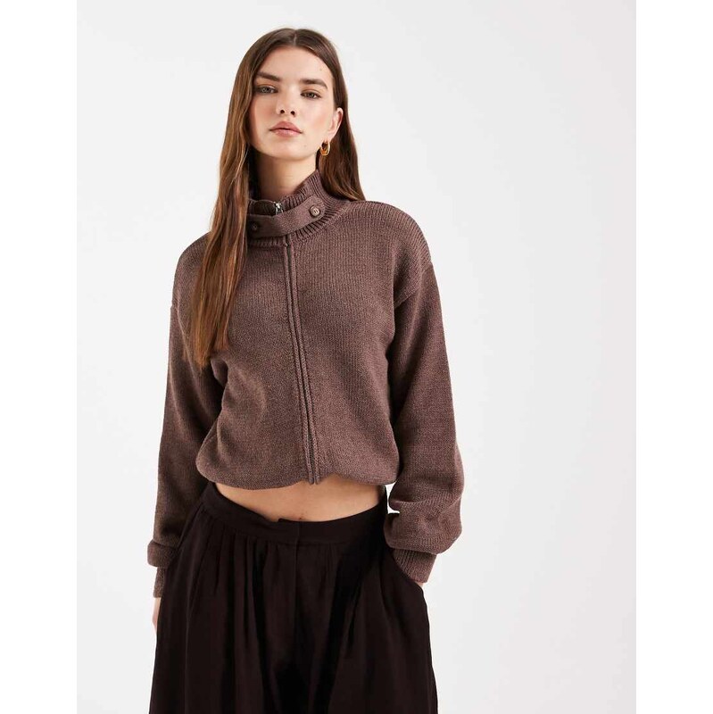 ASOS DESIGN knitted funnel neck zip up cardigan in brown