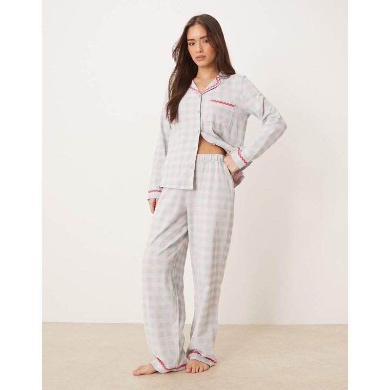Chelsea Peers long pyjama set with embroidery and frill detail in pink 112997453
