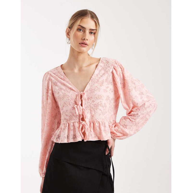 Miss Selfridge tie front long sleeve top in burnout in pink