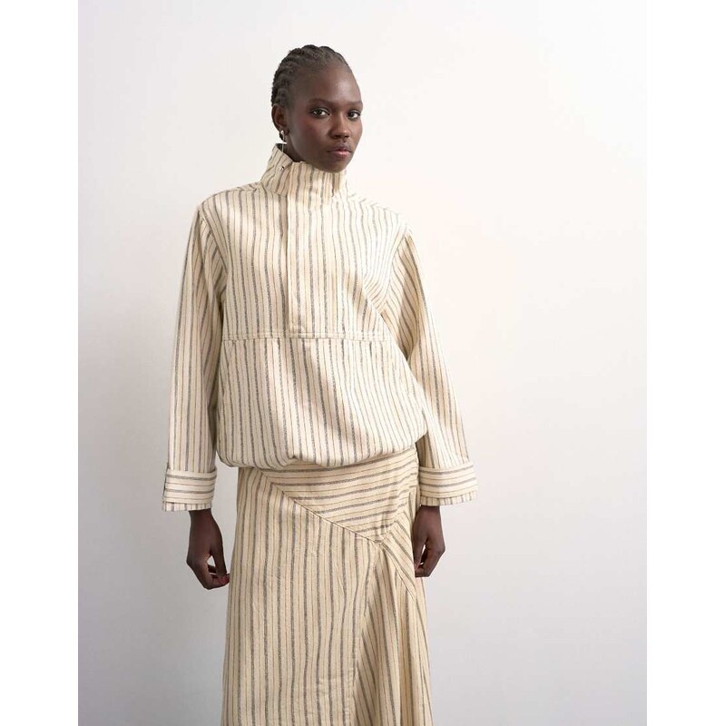 Topshop denim bubble hem top with funnel neck in ecru stripe