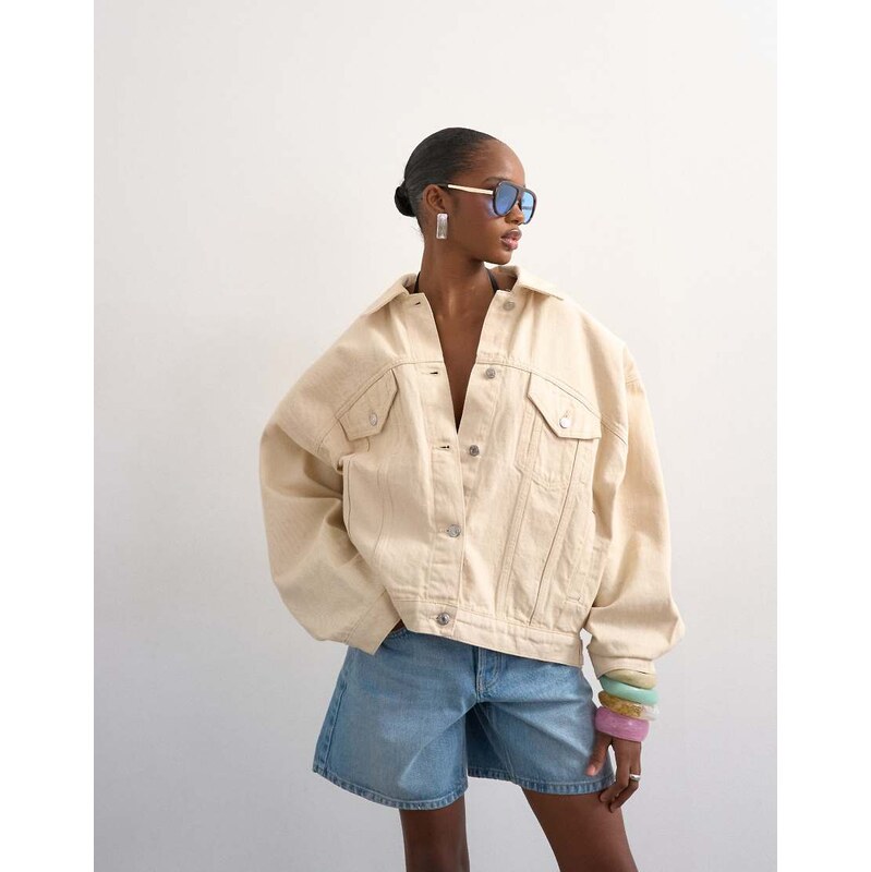 Topshop denim balloon jacket in natural-White