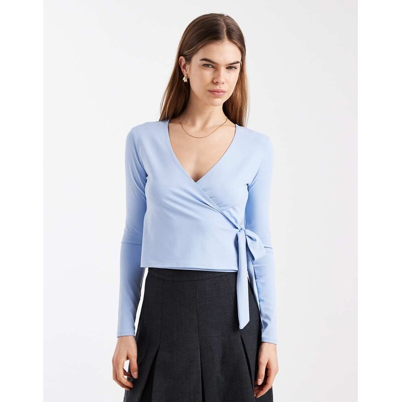 Miss Selfridge long sleeve wrap top in light blue 113044037