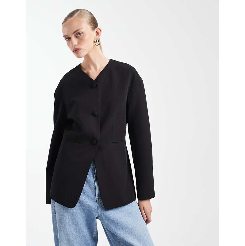 Miss Selfridge collarless cinch blazer in black 113369587