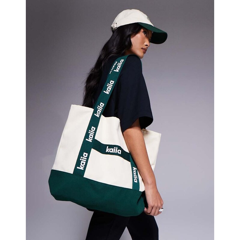 Kaiia canvas logo tote bag in cream and green-Multi 112997311