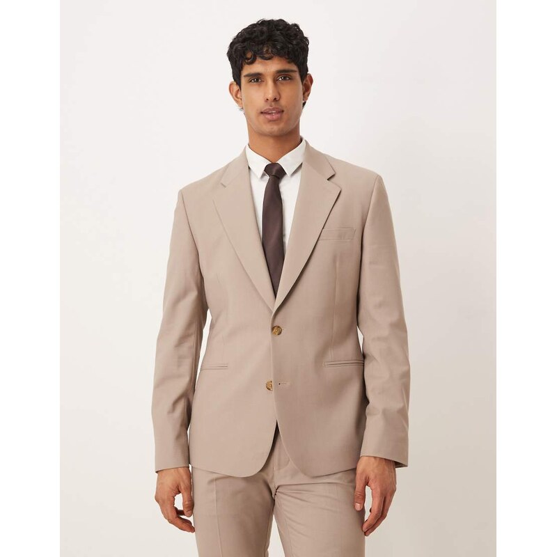 ASOS DESIGN skinny wool rich suit jacket in beige-Neutral