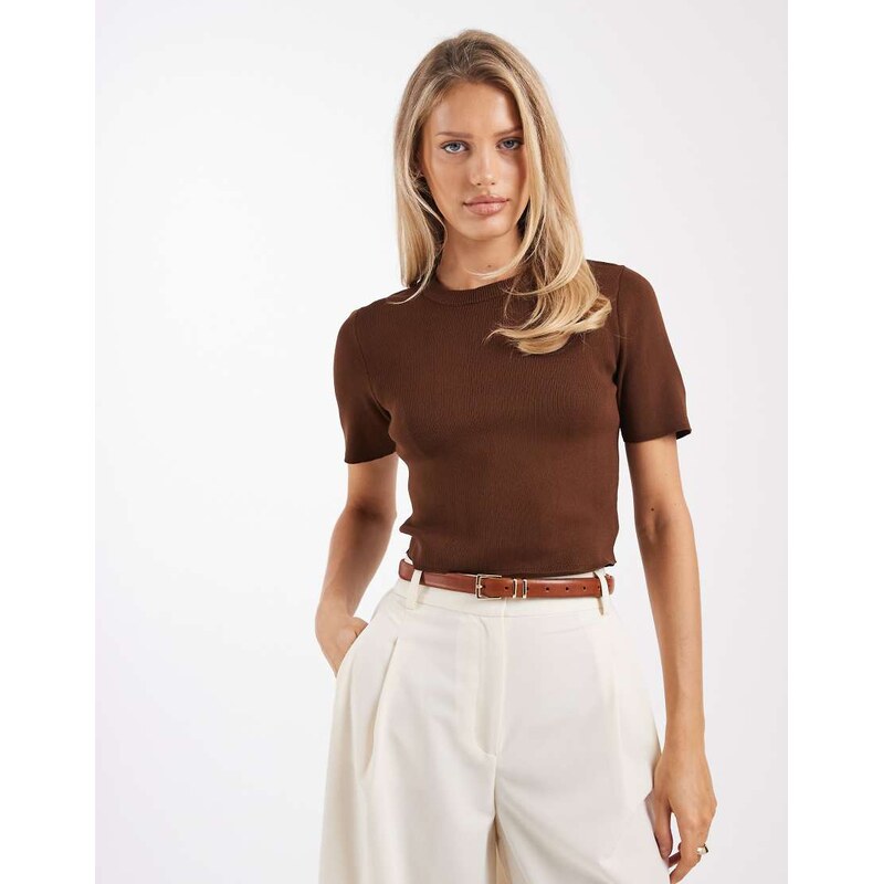 Brave Soul compact knit short sleeve jumper in chocolate brown 112997364