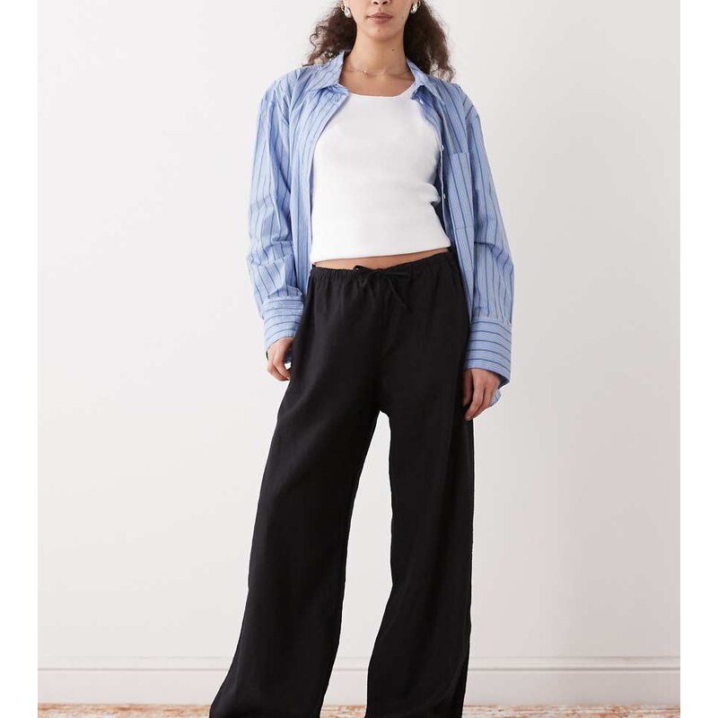 Weekday pull on linen mix wide leg trousers in black exclusive to ASOS 112997374