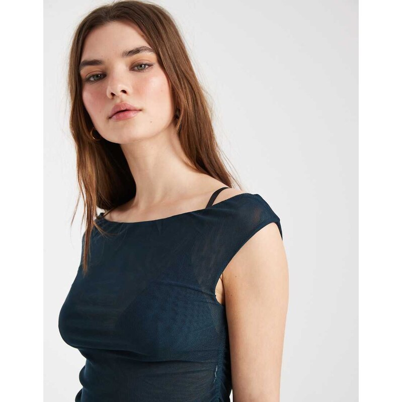 Cotton On gathered mesh off shoulder top in evergreen