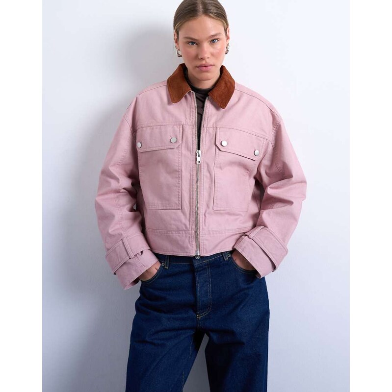 Topshop patch pocket barn jacket with contrast collar in pink 113000915
