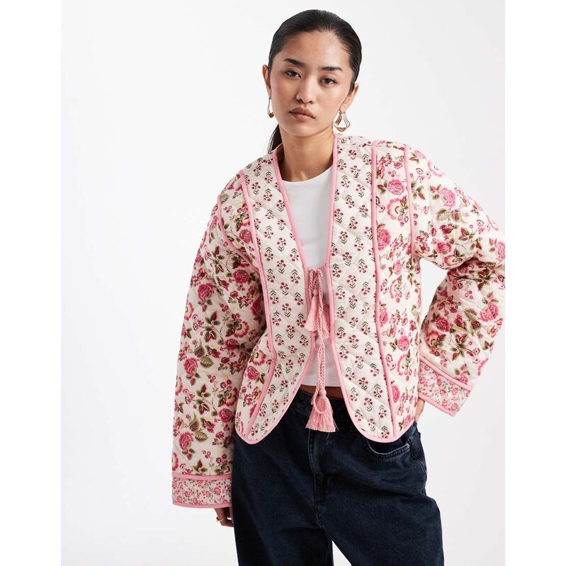 Miss Selfridge mix print tie front padded cotton jacket in multi