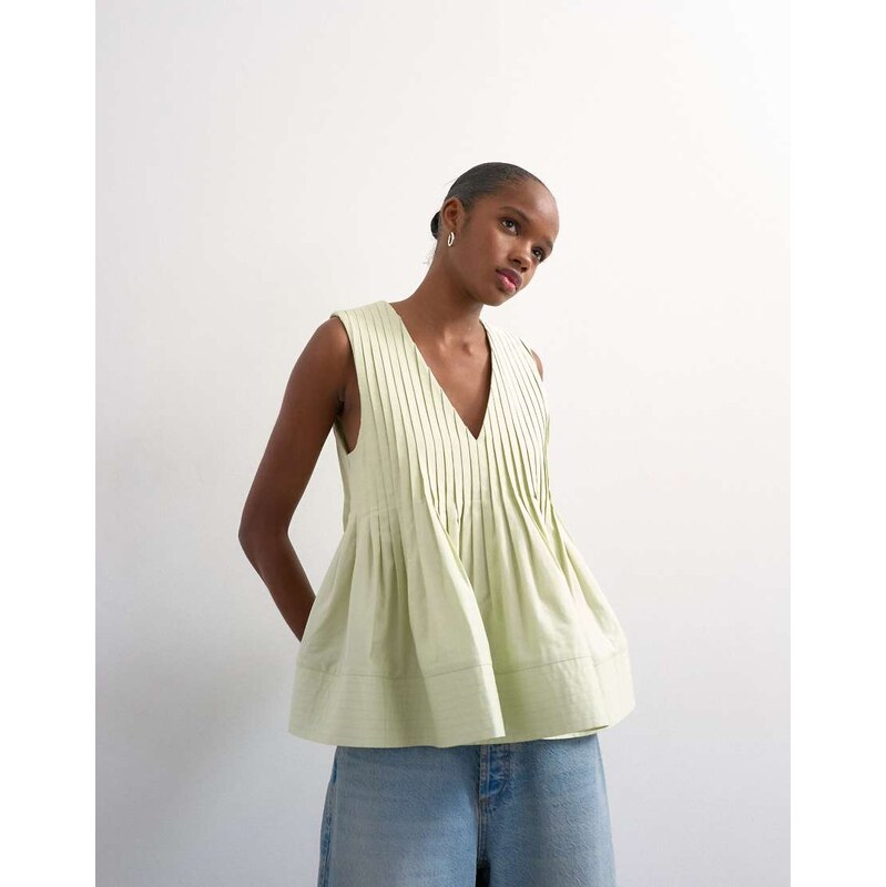Topshop v neck pintuck detail a line top in mint-Yellow