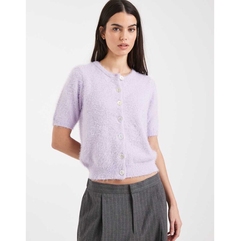 Threadbare short sleeve crew neck fluffy yarn cardigan in lilac
