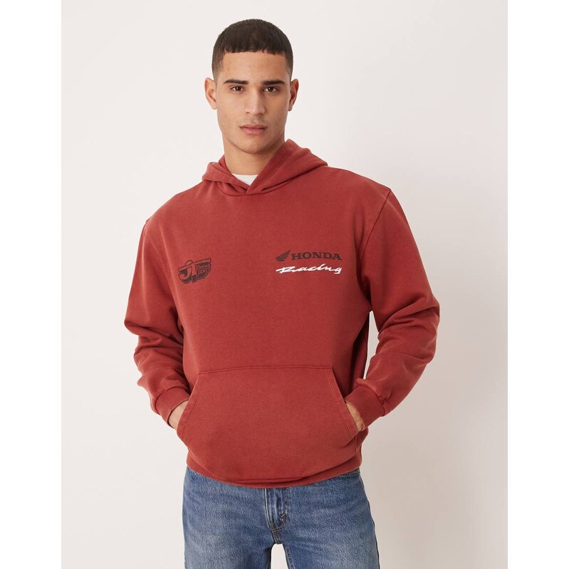 ASOS DESIGN relaxed hoodie with Honda Racing print in dark red