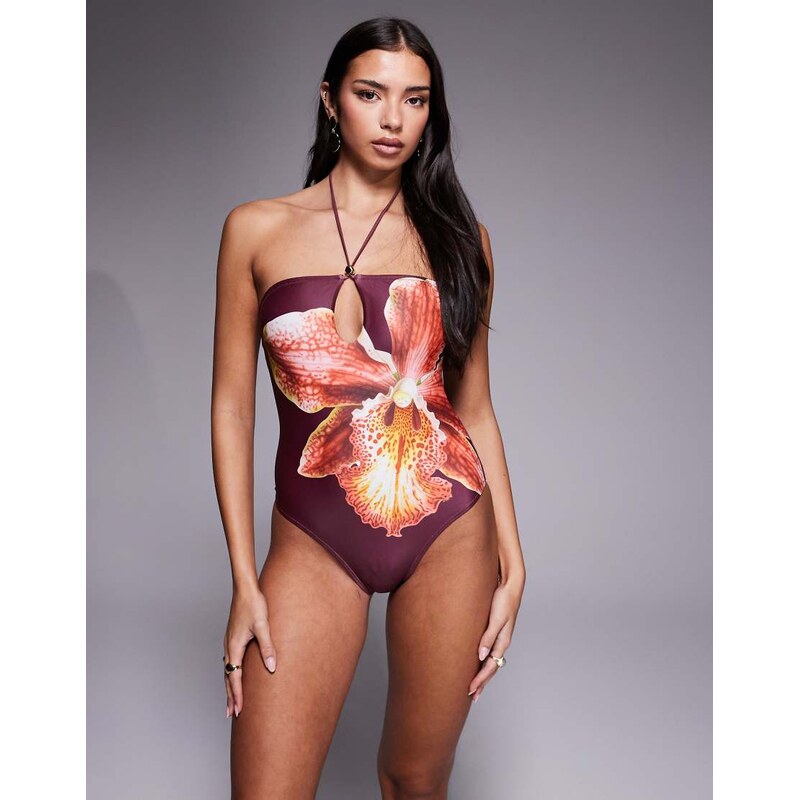South Beach abstract floral print cutout swimsuit in burgundy-Red 113000965