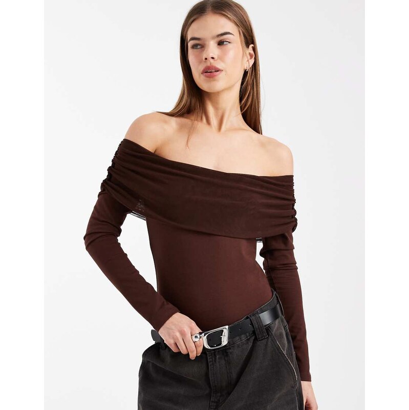 ASOS DESIGN mesh bardot long sleeve bodysuit with cotton body in