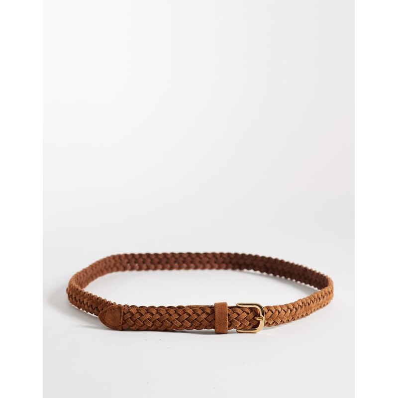 Vero Moda suede plaited belt with gold buckle in cognac-Red 108850607