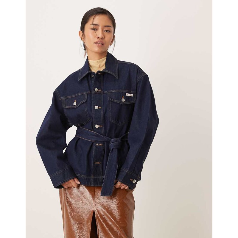 Calvin Klein Jeans tie waist denim jacket in dark wash blue