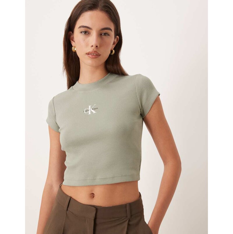 Calvin Klein Jeans monologo rib baby tee in green 113053785