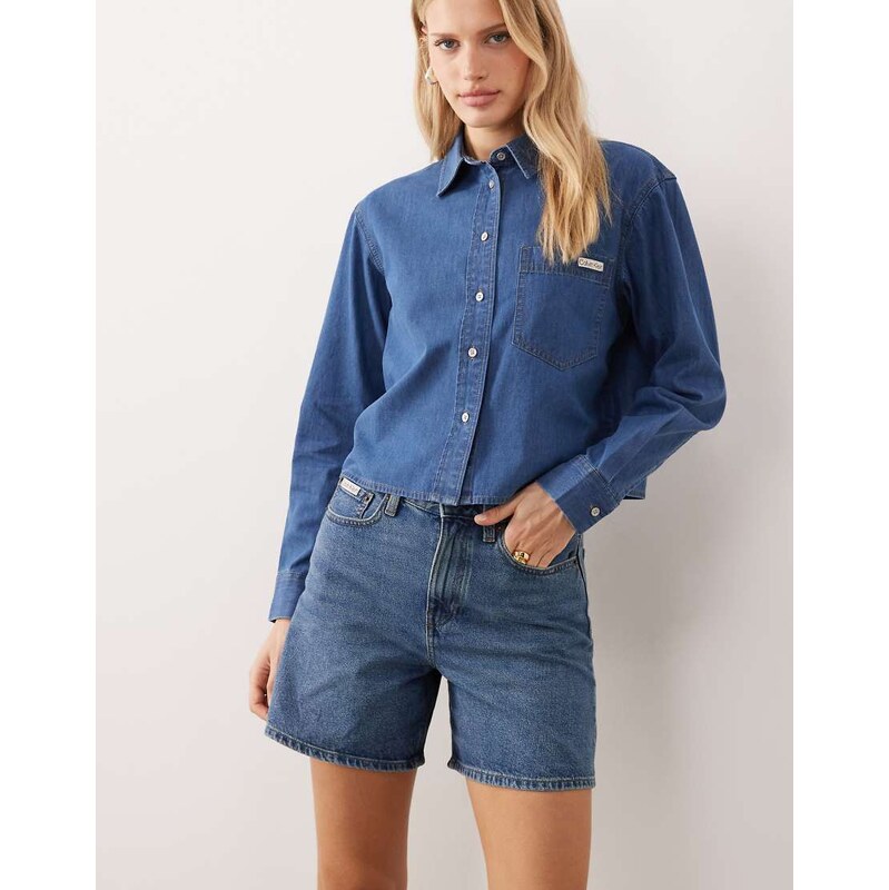 Calvin Klein Jeans high rise A-line denim short in mid wash blue 113008219