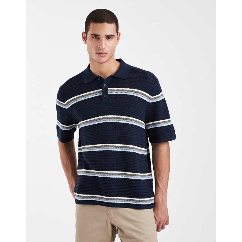Jack & Jones crochet polo in navy stripe