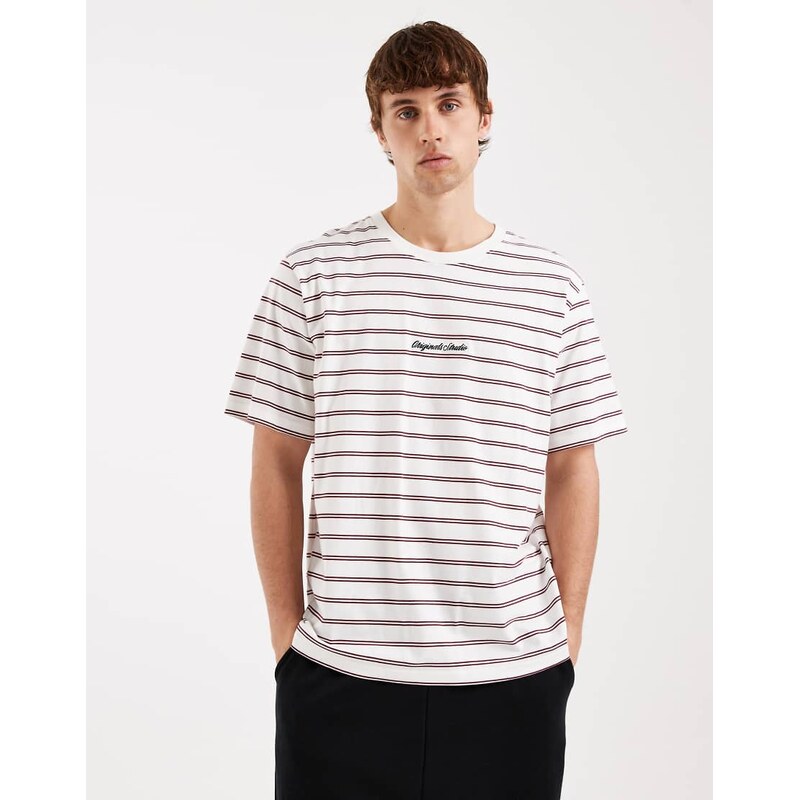 Jack & Jones originals stripe t-shirt in cream and burgundy