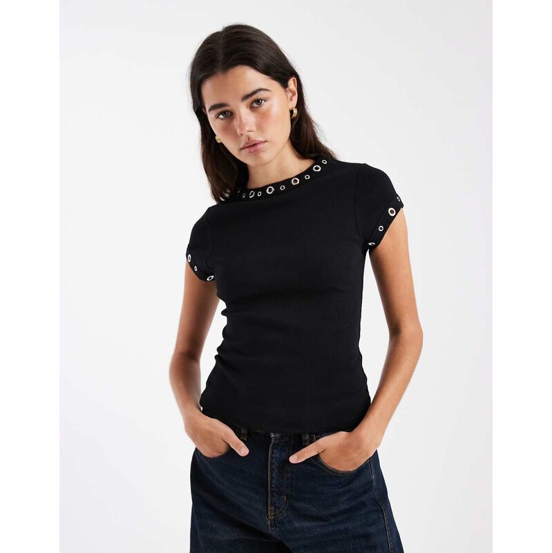 ASOS DESIGN short sleeve with stud detail top in black-White