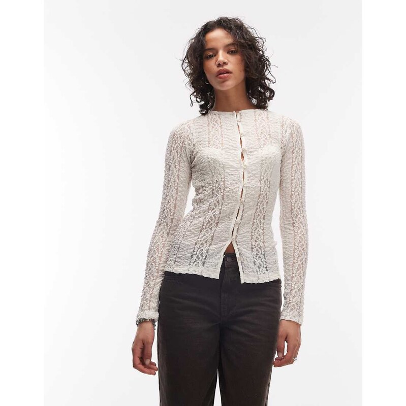 ASOS DESIGN long sleeve textured fabric cardigan top in white
