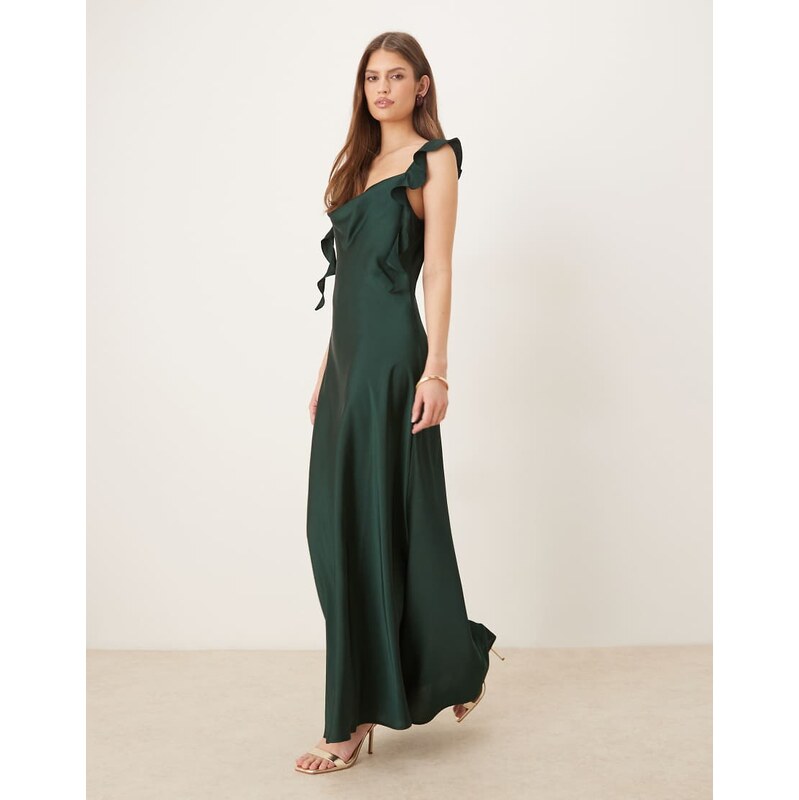 Vila cowl neck satin maxi dress with draping frill straps in