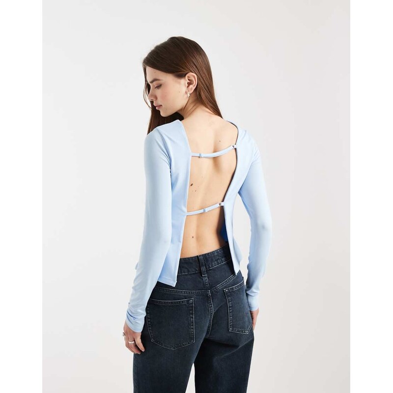 ASOS DESIGN slinky open back long sleeve top in light blue