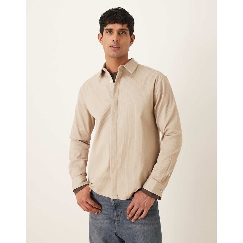 ASOS DESIGN relaxed ribbed shirt in beige-Neutral